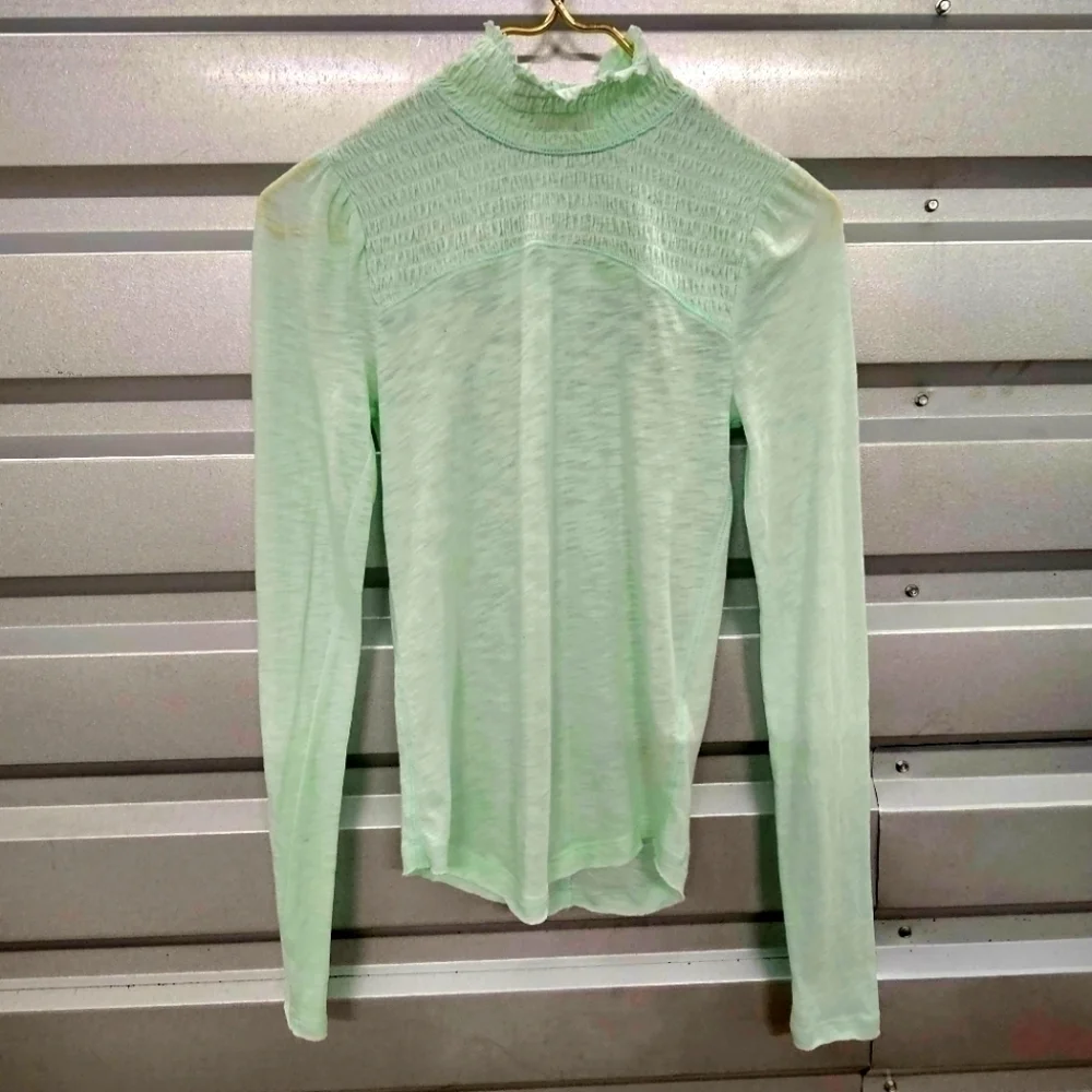 Free People Smocked Turtleneck Shirt In Iced Aqua